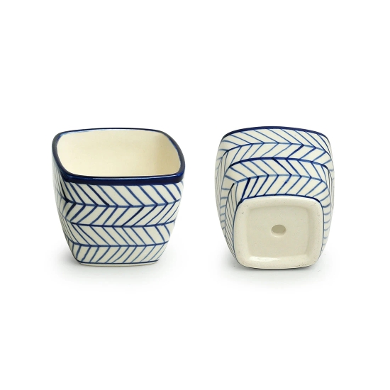 Indigo Chevron Duo Handpainted Ceramic Cuboidal Table Planter Pots (3.7 Inch, Set of 2)of 2)