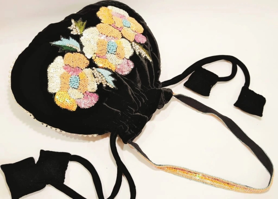 Black Velvet Beaded Floral Drawstring Bag