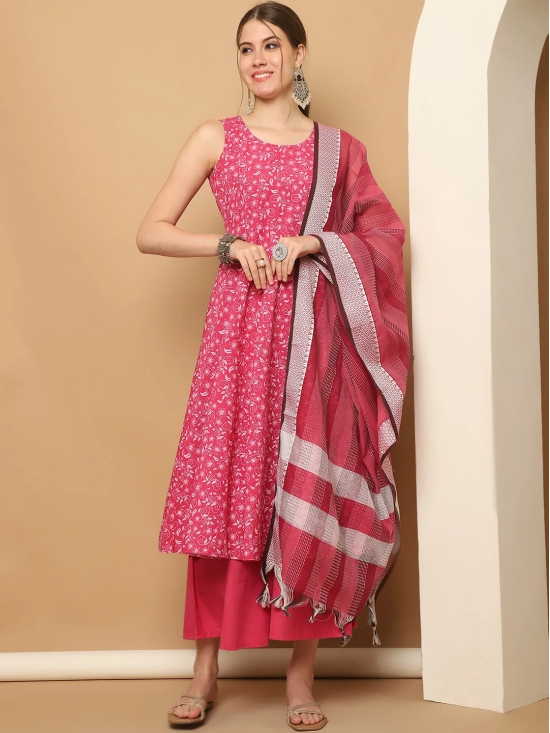 Printed pink flared kurta pallazos dupatta set-L / Pink