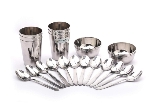 Coconut Stainless Steel (Heavy Guage) Mirror Finish Happy Dinner Set/Dinnerware & Serveware - 30 Pc