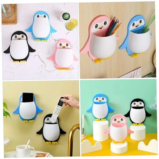 Namaskaram Wall Mounted Penguin Design Toothpaste Holder Unique Wall Mounted Self Adhesive Storage Wall Mount Toothbrush Holder Mobile Stand Multi Colour (Pack of 1)