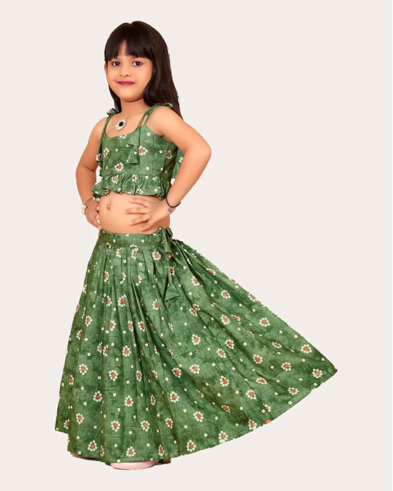 Kid Girls Readymade Bandhani Print Designer Blouse With Lehenga Set-Green / 5 Years-6 Years