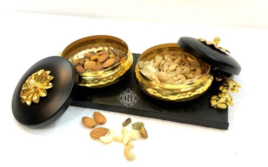 Handcrafted Serving (Snacks, Dry Fruits) Home/Kitchen Handcrafted Wooden Tray/Platter with Serving Pots (IPBG-04-3P)