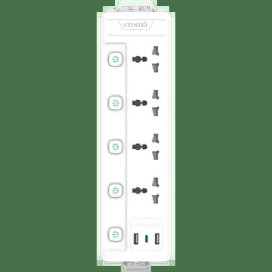 Croma 6 Amps 4 Sockets Surge Protector (2 Meters, Child Safety Shutters,White)