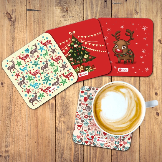 Indigifts Coasters Set Of 4 For Office And Home - Festival Art Tea Coffee Coasters For Dining Table, Printed Square 4 Coaster For Decoration And Gifts