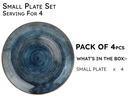 Reactive Handpainted Premium Ceramic 4 Small Plates | Quarter Plates | Stoneware | Microwave and Dishwasher Safe | Pack of 4 | Reactive Blue