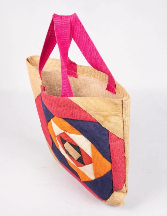 Handmade Patchwork Jute Tote Bag with Pink Handles