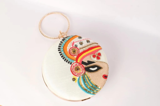 Embellished Cream With Multi Color Round Shape Hand Clutch Cum Sling Hanging Bag