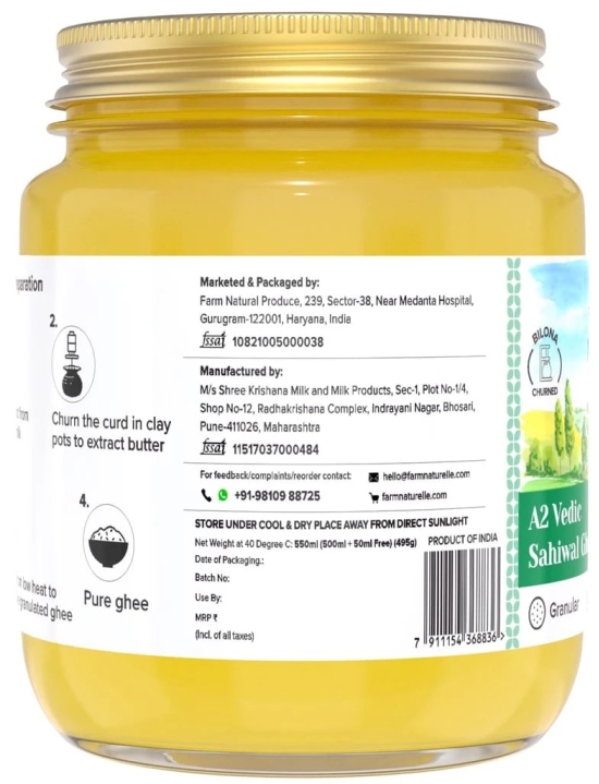 Farm Naturelle-A2 Desi Ghee Cow from Grass Fed Sahiwal Cows | Vedic Bilona Method-Curd Churned-Golden | Grainy & Aromatic, Keto Friendly, Non-GMO | Glass Jar- 500ml+50ml Extra and a Wooden Spoon.