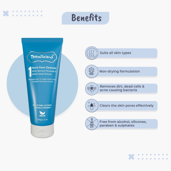 Teenilicious Acne Face Cleanser With Benzoyl Peroxide - For Inflamed Acne-60gm