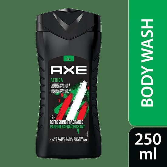 Axe Africa 3 In 1 Body Wash - For Men, Squeezed Mandarin & Sandalwood Scent, Long-Lasting Fragrance, 250 Ml