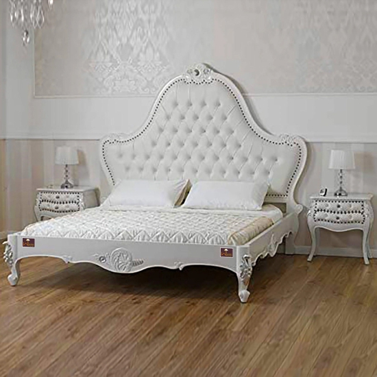 Super King Size Teak Wood Bed Hand Carved with Cushioned Design-White