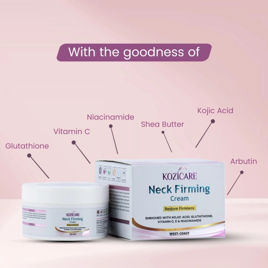 Kozicare Neck Firming Cream: Glutathione, Vitamin C, E, Niacinamide, Kojic Acid. Tightens, firms, reduces wrinkles, nourishes, heals skin. 50gm.-Kozicare Neck Firming Cream: 0.01% Glutathione, 2%