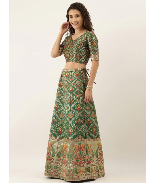 Om Shantam Sarees Green Banarasi Silk Chaniya Choli Semi Stitched Lehenga Single - Free Size