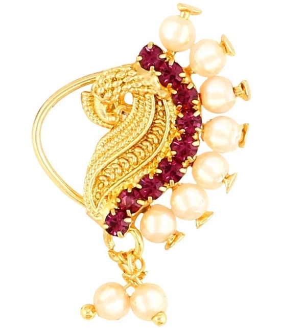 Vivastri Gold Plated Red Stone with Peals Alloy Maharashtrian Nath Nathiya./ Nose Pin for Women &Girls VIVA1007NTH-Press - Pink