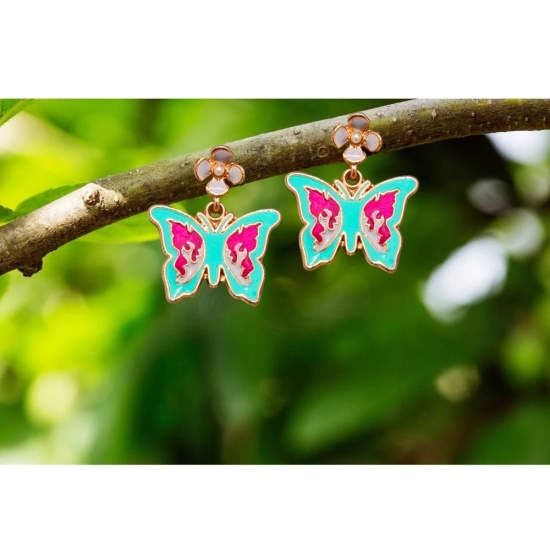 Light Blue Butterfly Earrings with Flower Studs