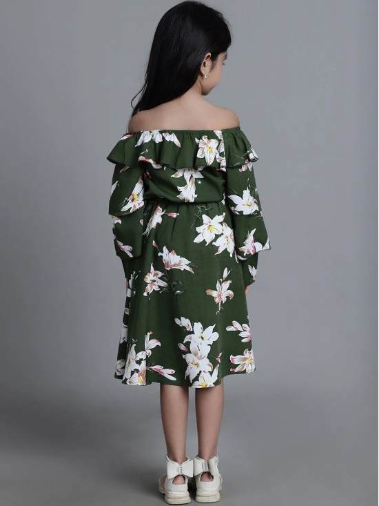 MINI & MING Girls Floral Printed Off Shoulder Bell Sleeves Crepe Fit & Flare Midi Dress