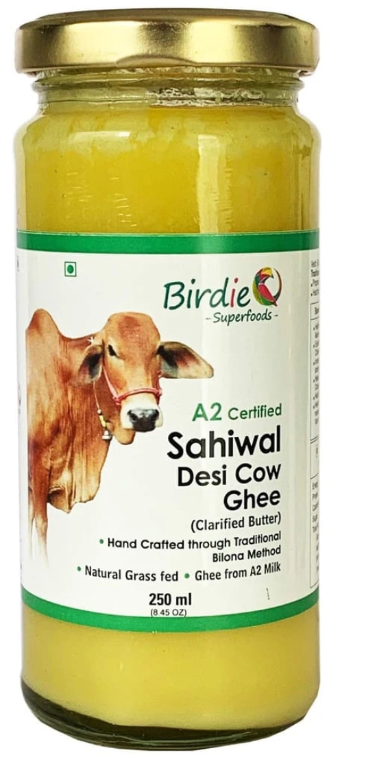 Birdie Superfoods -100% Pure Natural A2 Milk Desi Sahiwal Cow Ghee Prepared from Vedic Bilona Method-Immunity Superfood (250 ml) Glass Bottle