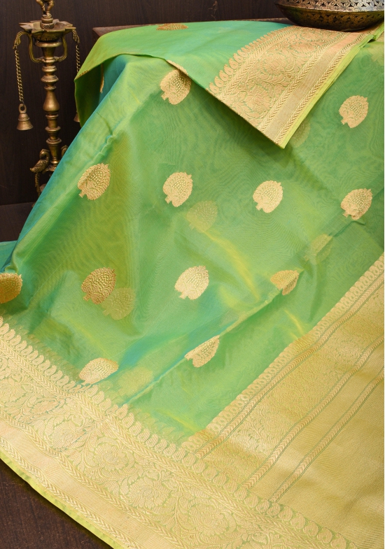 Green and mustard Dual Tone Exquisite Banarasi Organza Silk Saree with Zari Motifs | SILK MARK CERTIFIED