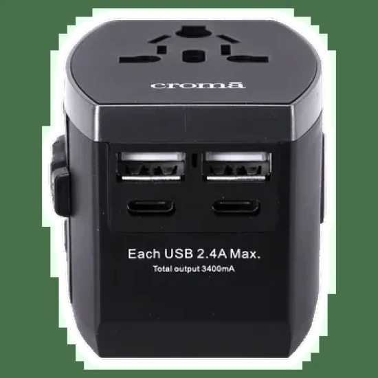 Croma Type A & Type C 4-Port Charger (Adapter Only, AC Outlet With Safety Shutter, Black)