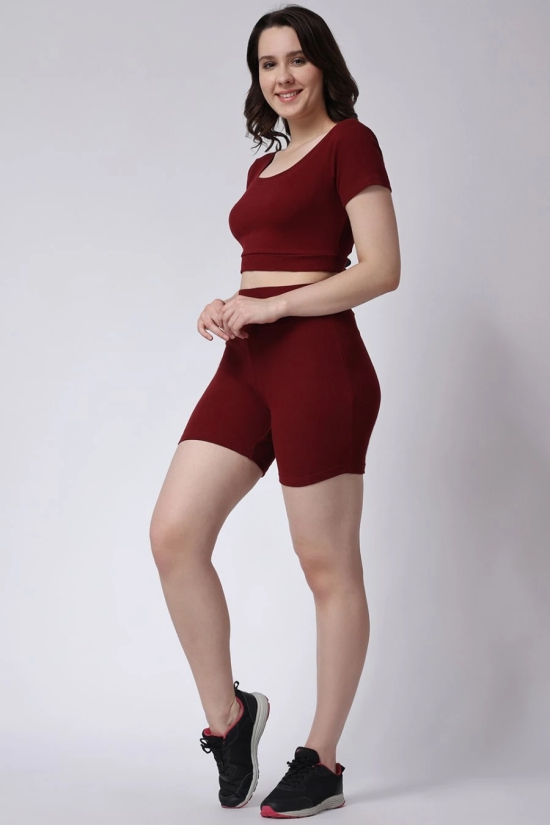 Womens Maroon Gym Co-Ord Set Ribbed Half Sleeves with Shorts-S / Maroon