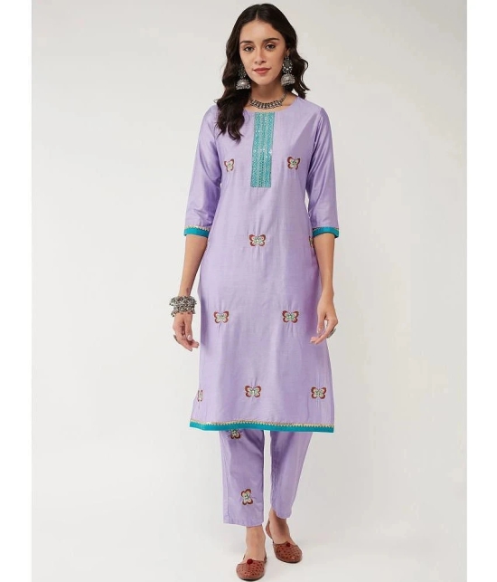 Pannkh Viscose Embroidered Straight Womens Kurti - Lavender ( Pack of 1 ) - None