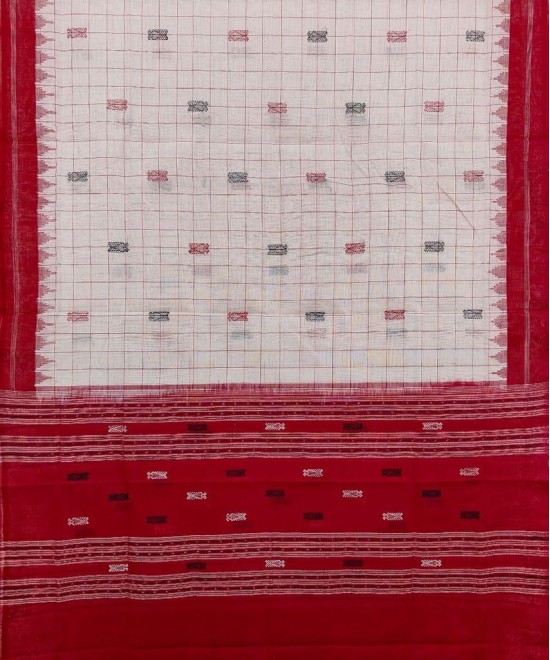 Offwhite Red Sambalpuri Handwoven Hath Kumbha with Fish Buti Cotton Dupatta