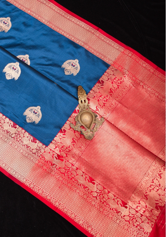 Swan Butta Shikaargah Banarasi Meenakari Saree in Blue and Red | Silk Mark Certified