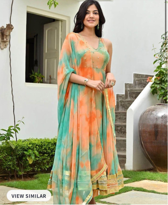 Tie-Dye Printed Anarkali Kurta with Trousers & Dupatta-L