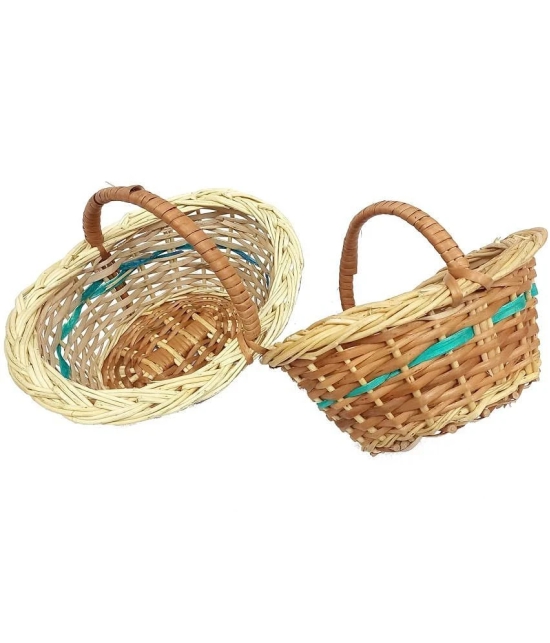 PRANSUNITA 2 Pcs Oval Shape Small Handle Kashmir Wicker Willow Wooden -Multipurpose Storage, Flower Decoration Bamboo Pooja,Mandir Chocolate Gift hamper- Natural brown -Pack of 2 pcs- Size 7