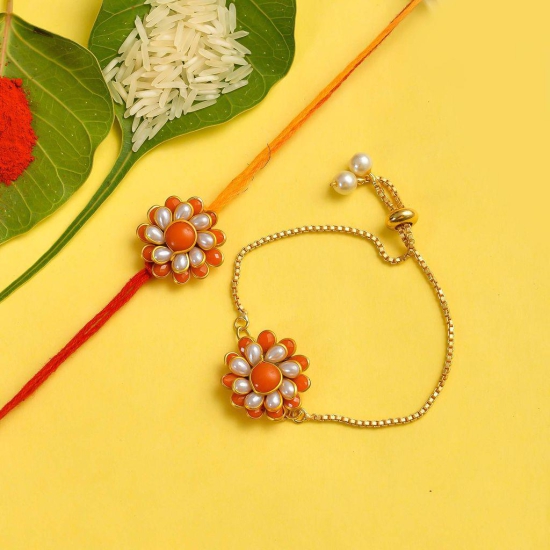 Indi Rang Resin Copper and Pearl Rakhi Lumba Set for Unisex- Adult (Yellow)