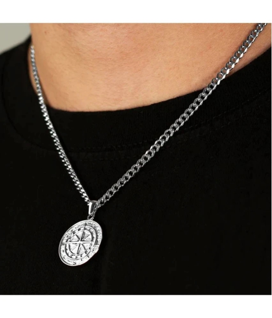 Fashion Frill Silver Chain For Men Stainless Steel Compass Roman Silver Chain Pendant With Silver Bracelet For Men Boys Jewellery Combo - None