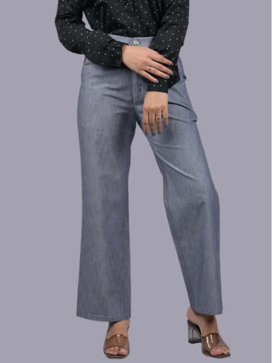 Denim for women party wear stylish pants for womens Light Grey Wide Bottom Denim Silk Pant (OTL-PNT-1005)-Grey / S