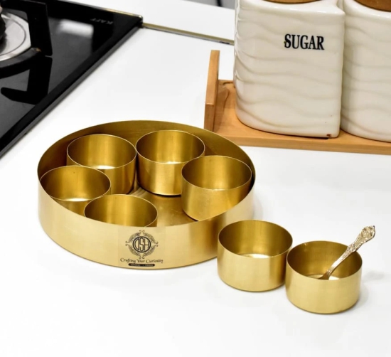 Masala Dani Set Brass Masala Box Multipurpose Uses For Kitchen Masala Containers Jars Set With 1 Spoon.(MASALAbox-MORE)