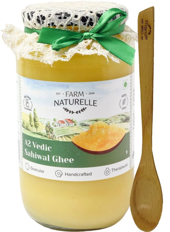 Farm Naturelle-A2 Desi Cow Ghee from Grass Fed Sahiwal Cows,Vedic Bilona Method-Curd Churned-Golden, Grainy & Aromatic, Keto Friendly, Non-GMO, Lab Tested, Glass Jar-1000ml and a Wooden Spoon.