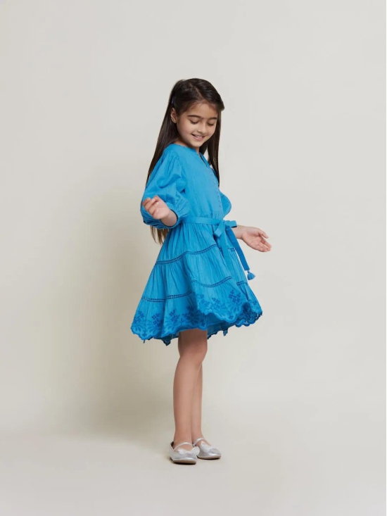 Etoile Puff Sleeves Cotton Slub Girls Dress - Blue-12-13Y