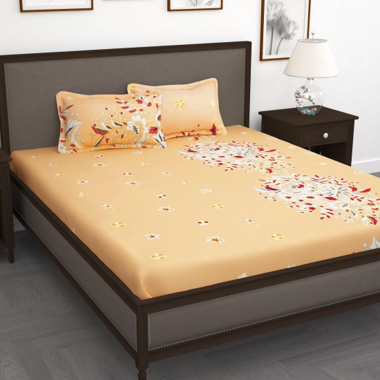 210 TC Light Orange Floral 1 King Size Bedsheet With 2 Pillow Cover-King Bedsheet / Orange / 210 TC