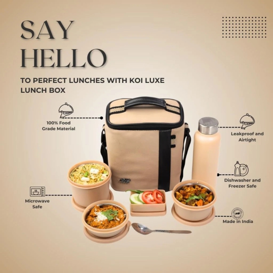 Lunch Box Set with Insulated Bag and Steel Cutlery – 3 Microwave Safe Steel Containers BPA Free (290ml, 450ml, 600ml), Plastic Pickle Box (180ml), and 750ml Steel Water Bottle(Beige)