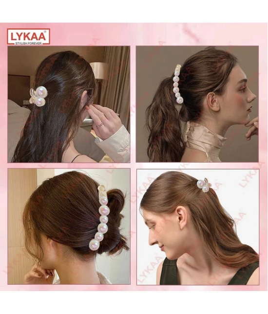 LYKAA Pearl Korean Banana Hair Clip with Two Pearl Clutchers, Ponytail Holder Fancy Clips - 3 Pcs - White