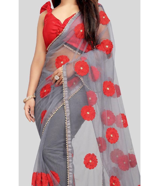 Gazal Fashions - Grey Net Saree With Blouse Piece ( Pack of 1 ) - Grey