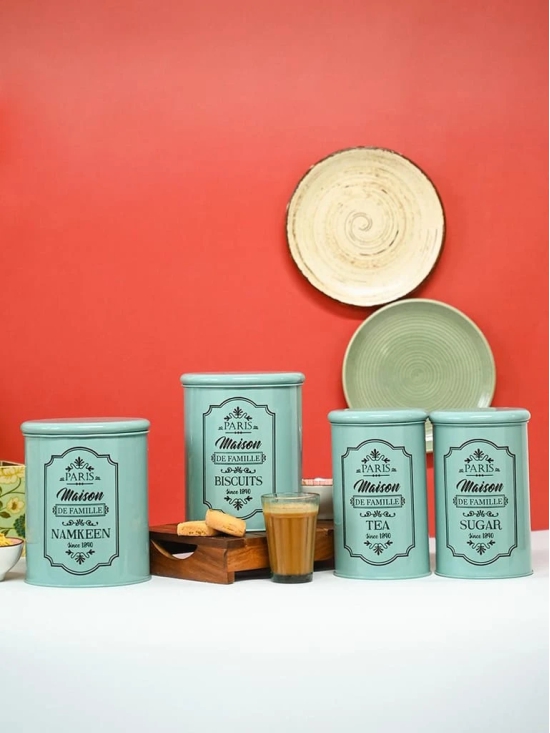 Metal Tea & Sugar Jar (Each 900 Ml) + Cookie & Namkeen Jar (Each 1700 Ml) - Green, Set Of 4