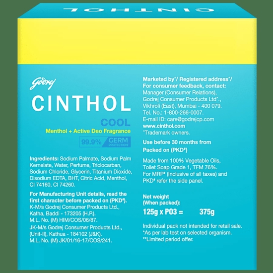 Cinthol Cool Menthol + Active Deo Fragrance Soap, 99.9% Germ Protection, 125 G (Pack Of 3)