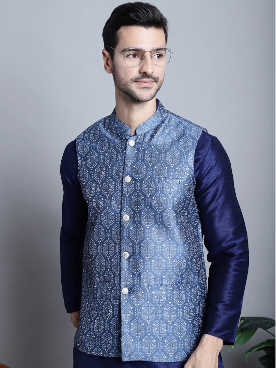 Mens Printed Nehru Jacket-S / Blue