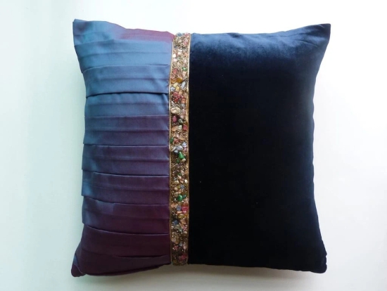 Multicolor Bold Lace Dual colour Velvet and Taffeta Blue Cushion Cover Size 16x16