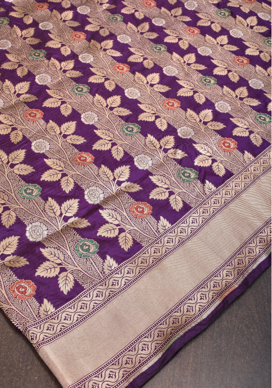 Meenakari Rose Creeper Jaal on Deep Purple Banarasi pure silk saree | SILK MARK CERTIFIED