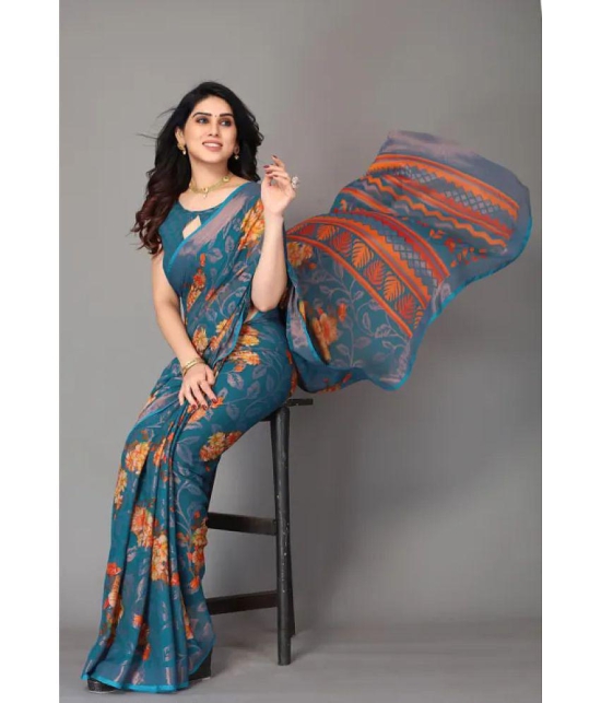 Sitanjali - SkyBlue Brasso Saree With Blouse Piece ( Pack of 1 ) - SkyBlue