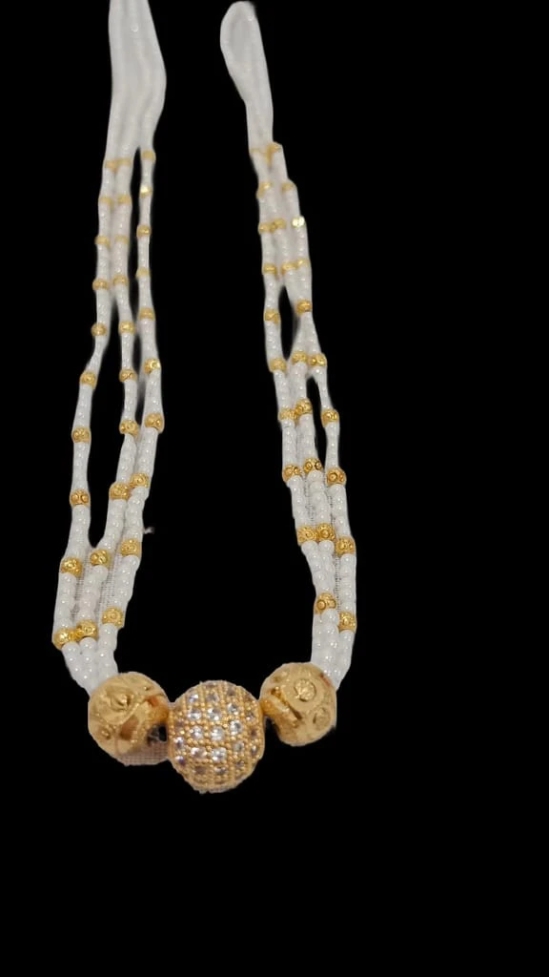 White and Gold Beaded Necklace with Rhinestone Pendant