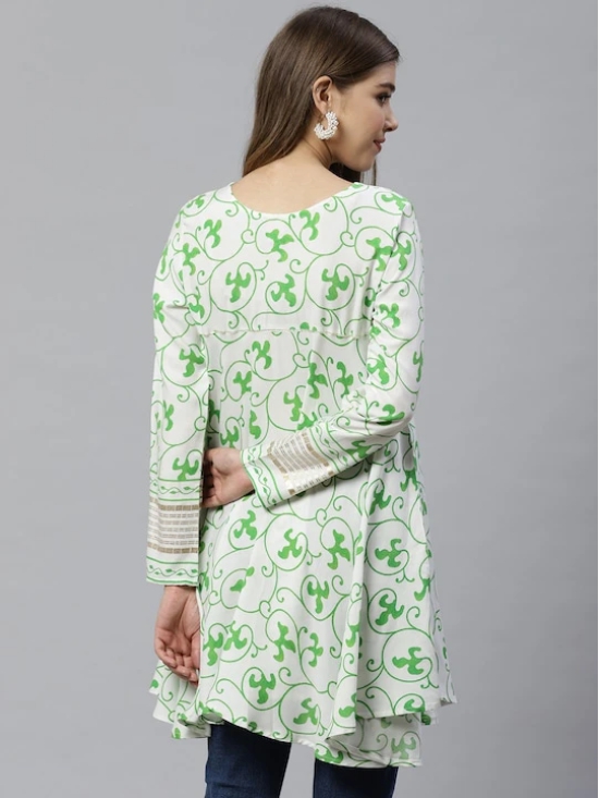 Women White & Green Ethnic Printed Asymmetric Tunic