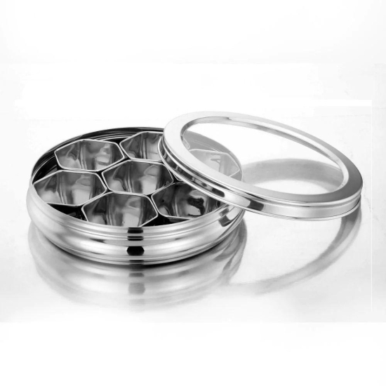 Softel Stainless Steel 7 Star Masala Dabba with See-Through Glass Lid | Silver