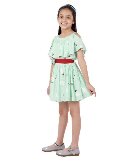 Kids Cave Dress For Girls Fit And Flare Cut-Out Frill Shoulder Round Neck Knee Length Red Waist Belt With Flower Fabric Rayon (Color Light Green Size 3-12 Years) - None